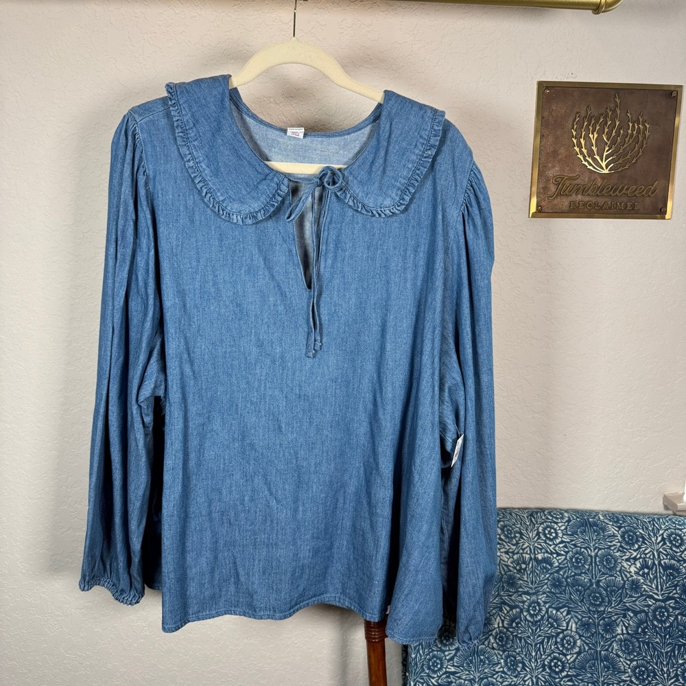 Old Navy Womens XXL Blue Chambray Denim Ruffle Peter Pan Collar Tie Front Blouse - Picture 2 of 7